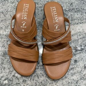 Italian Shoemakers Brown Sandals with Rhinestone Accent